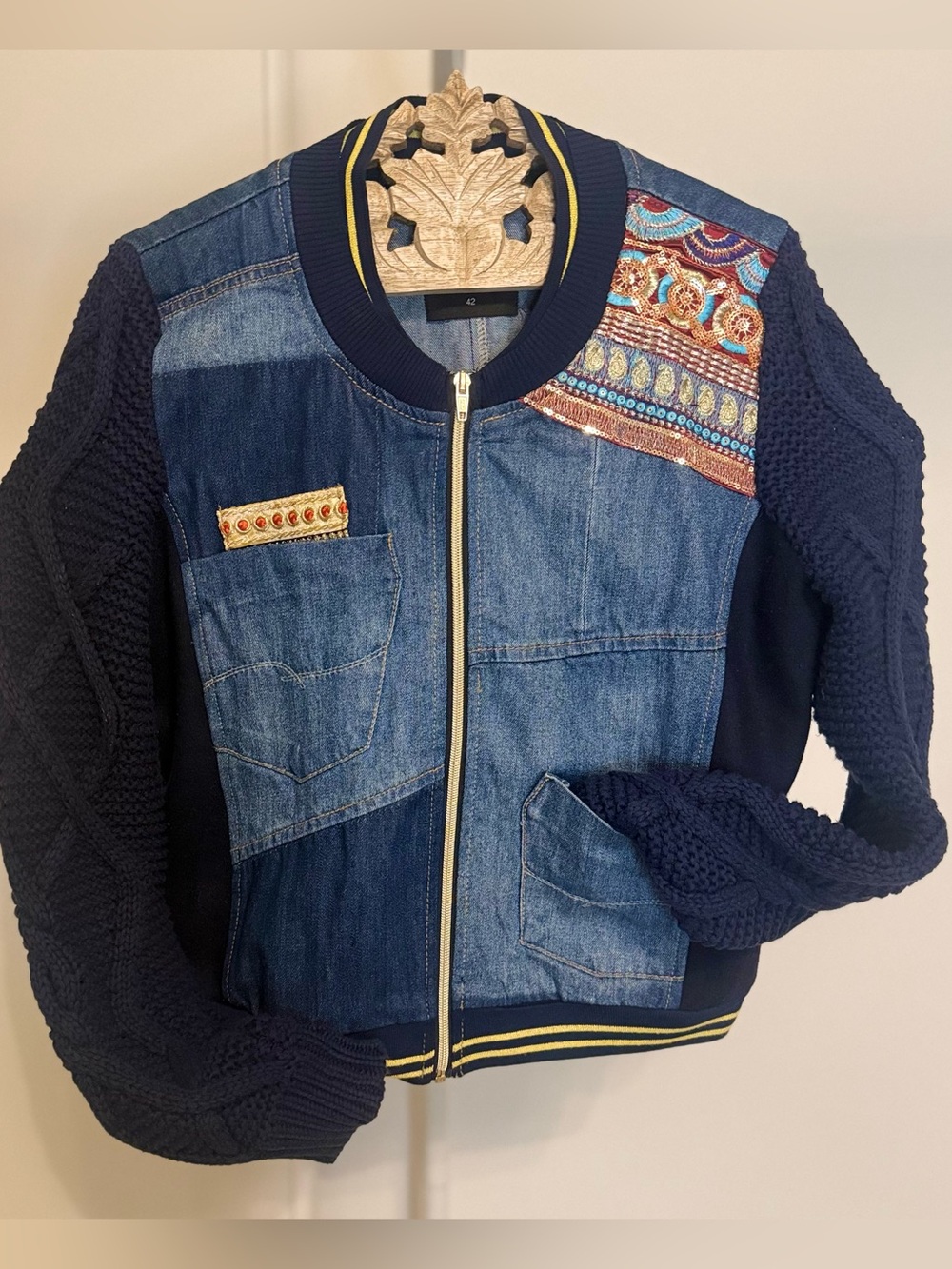 Desigual “Exotic Laudio” Patchwork Denim, Wool & Cable Knit Bomber Jacket